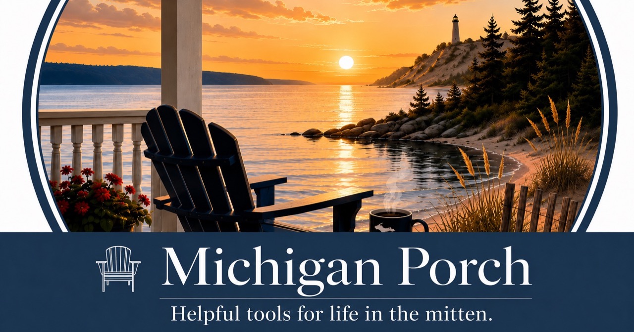 A Michigan porch at sunset with an Adirondack chair and a warm mug looking out over Lake Michigan.
